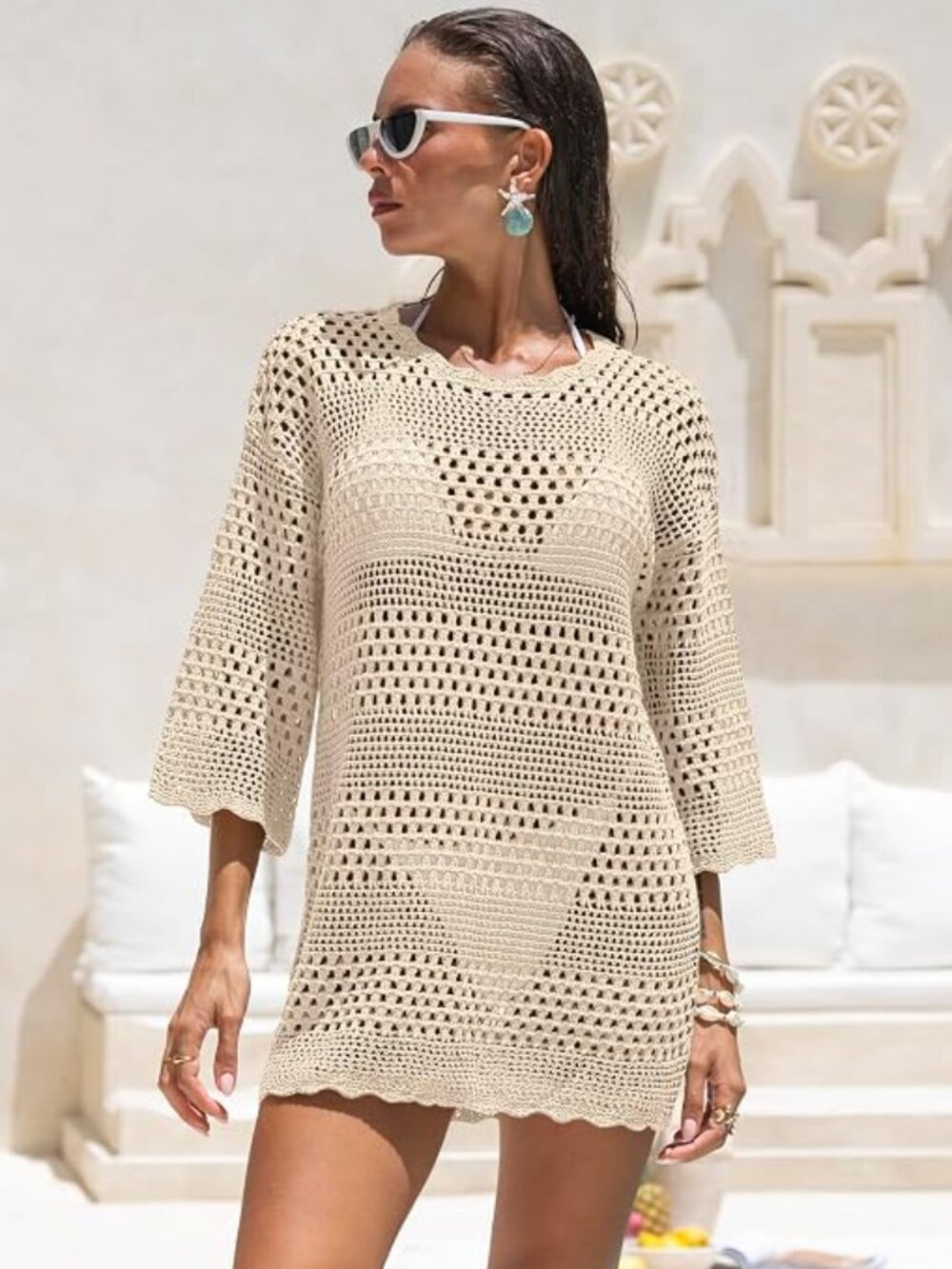 Bathing Suit Coverup Crochet 3/4 Sleeve Beige Size MEDIUM